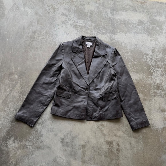 Kim Rogers Jackets & Blazers - Vintage Kim Rogers Brown Leather cropped Blazer suit Jacket double breasted